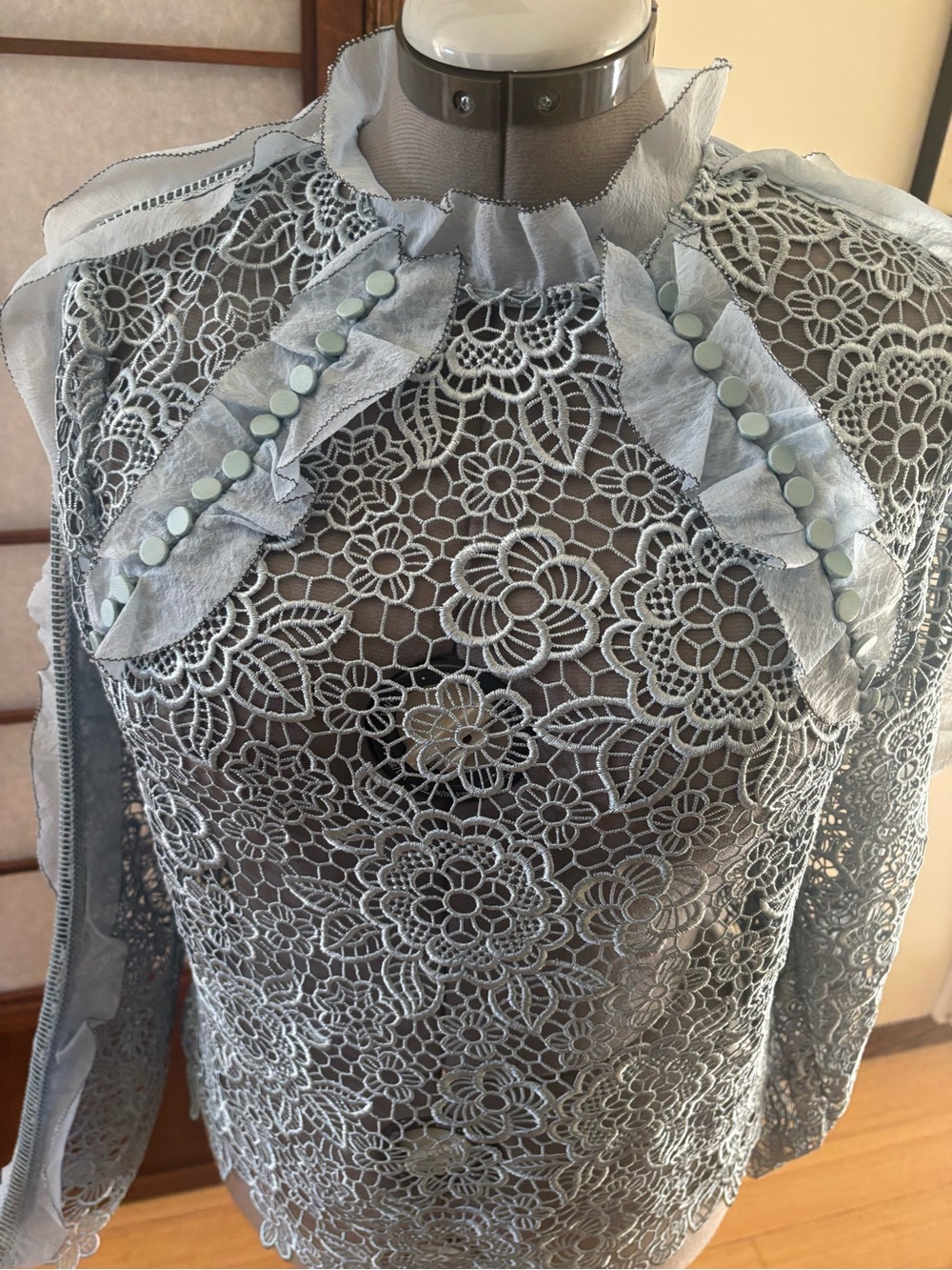 VGUC Self-Portrait Pale Blue Floral Lace Blouse with Organza Ruffles US 8/10 - Picture 5 of 13